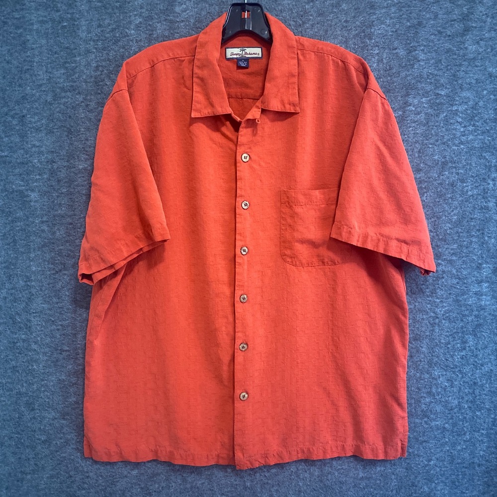 Tommy Bahama Silk Hawaiian Button Up Shirt Mens XL Orange Loop Collar Camp Beach